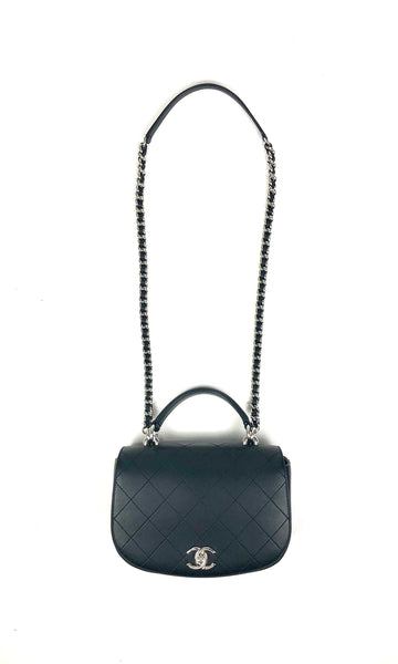 Black Quilted Lambskin Top Handle Crossbody Flap Handbag