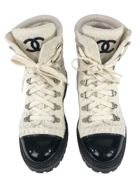 Tweed Lambskin and Patent Combat Boots | Size US 8 - IT 38