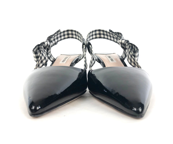 Black Patent Gingham Kitten Heel Slingback Shoes | Size US 7.5 - IT 38