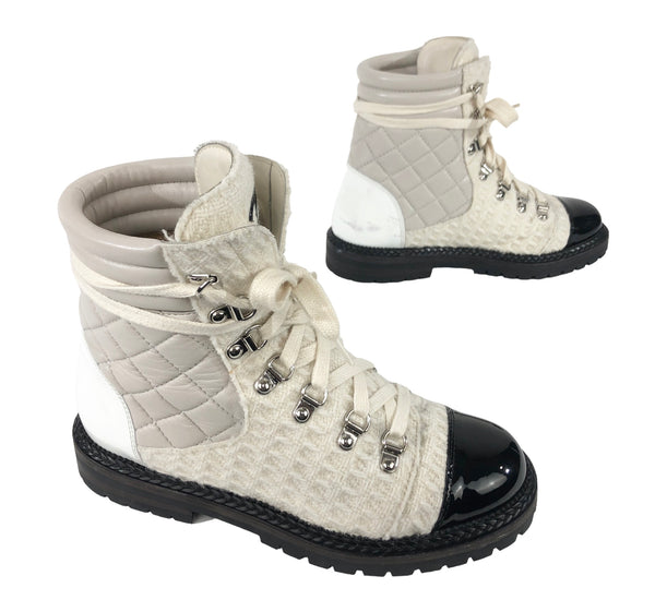 Tweed Lambskin and Patent Combat Boots | Size US 8 - IT 38