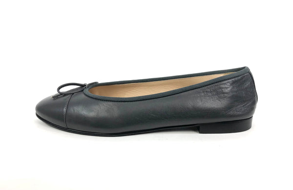 Charcoal Grey with Interlock CC's on Toe Box Calfskin Ballet Flats | Size 10