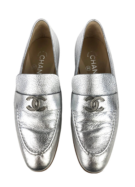 Interlocking CC's Silver Leather Loafers | Size US 4.5 - EU 5.5