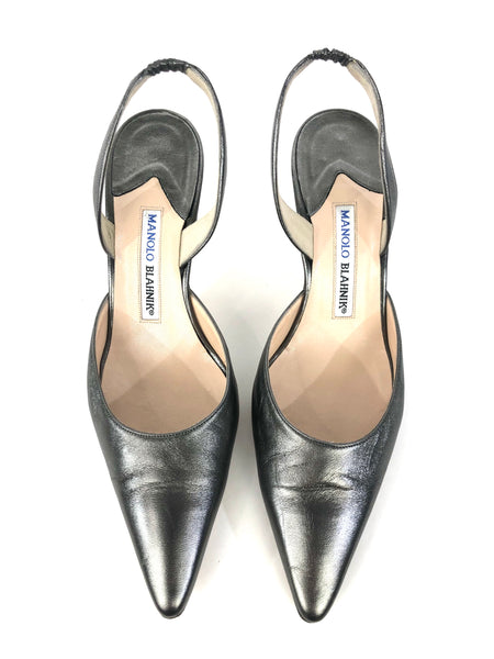 Metallic Gunmetal Leather Slingback Pumps | Size US 7.5 - IT 38