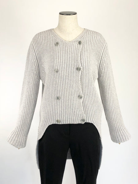 Grey Double-Breasted High-Low Cardigan | Size M