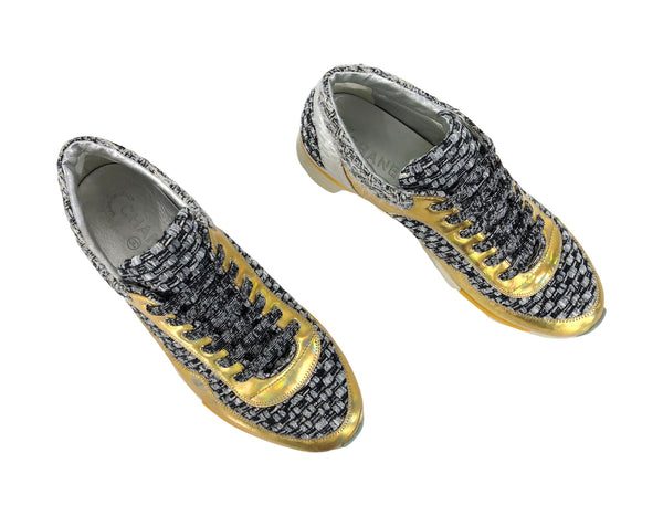 Interlocking Tweed Gold Silver Low Top Sneakers | Size US 8.5 - IT 39.5