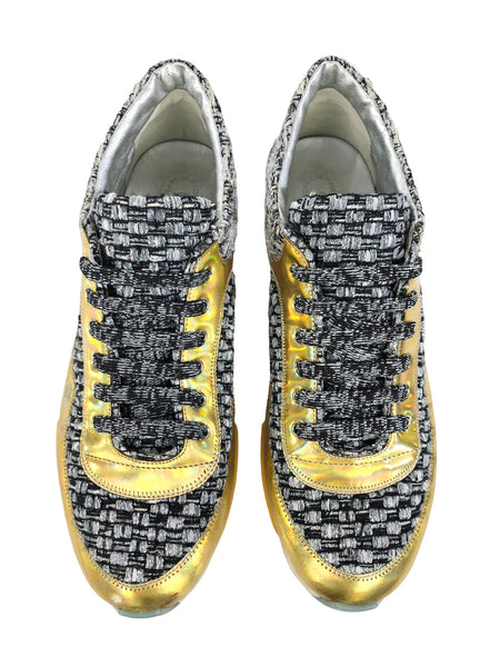 Interlocking Tweed Gold Silver Low Top Sneakers | Size US 8.5 - IT 39.5