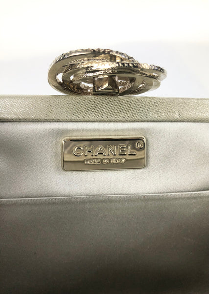 Crystal Embellished Camellia Clasp Metallic Evening Clutch