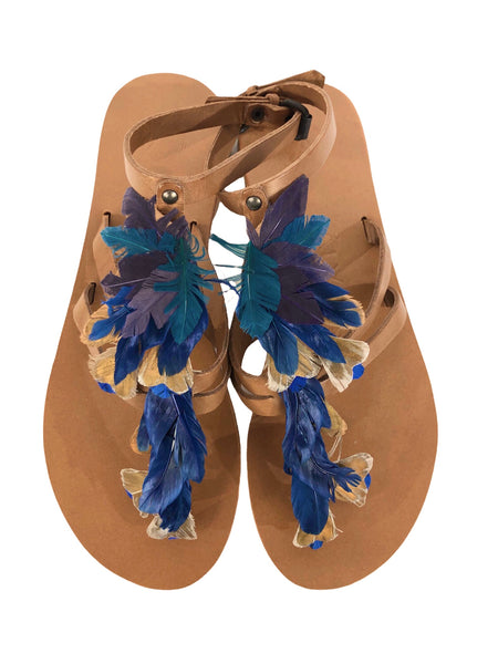 Exotic Feather Embellished Ankle Strap Sandal | Size US 7.5 - IT 38