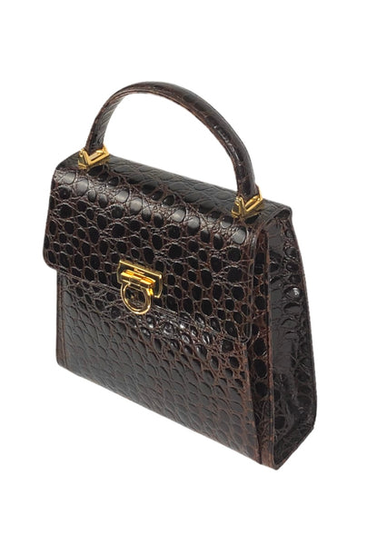Vintage Iconic Top Handle Croc Embossed Leather Handbag with Strap