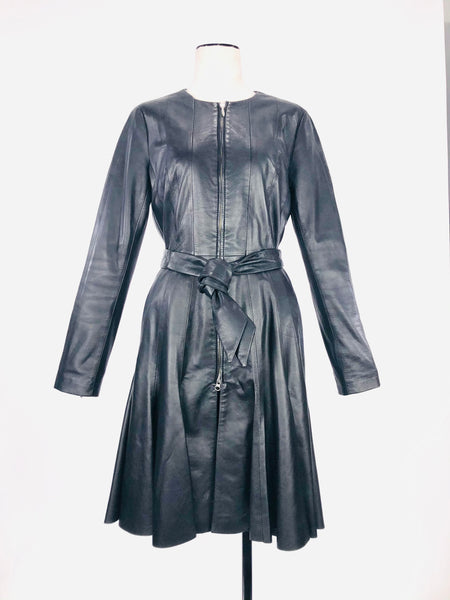 Black Leather Front Zip  Dress | Size 6
