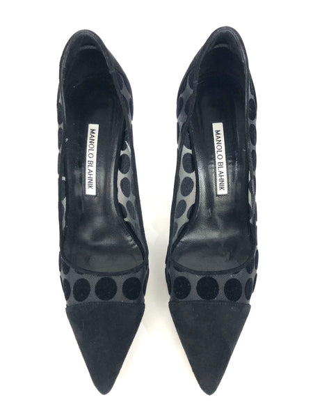 Black Suede and Mesh Polka Dot Pumps | Size US 7.5 - IT 38