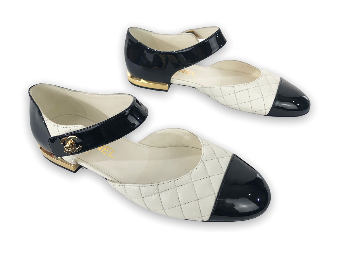 CHANEL, Shoes, Chanel Tweed And Patent Calfskin Mary Janes Whiteblack  Retail 35 Nib