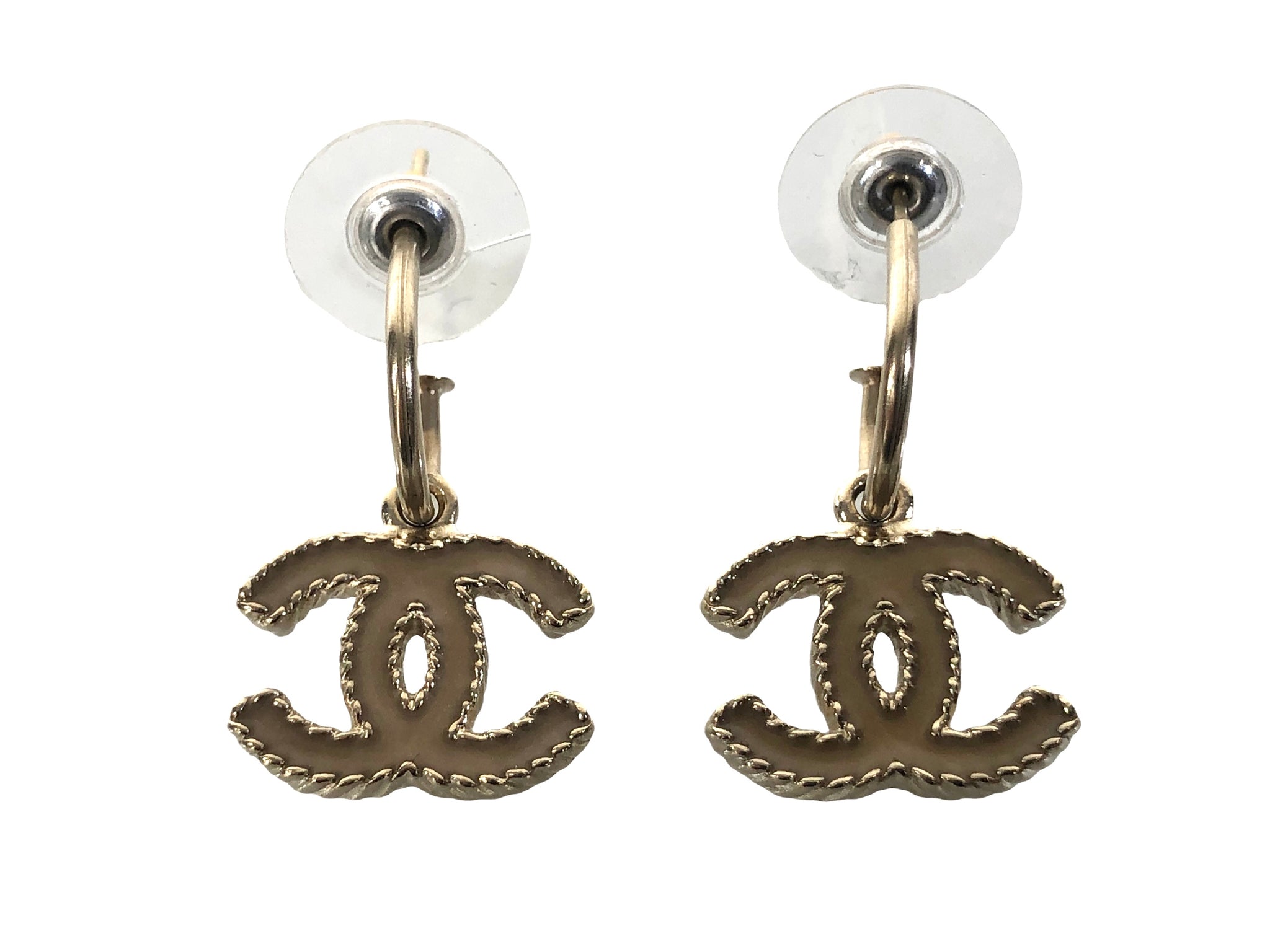 Interlocked CC's Pink Enamel Silver Tone Drop Earrings