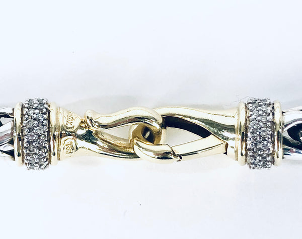 Sterling Silver Wheat Chain with 18K Gold Clasp and Pave Diamonds