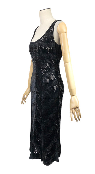 Sequins Embellished Black Velvet  Empire Evening Dress | Size 8