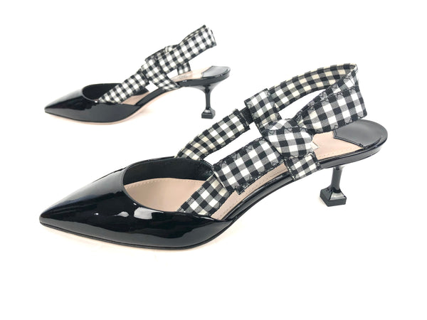 Black Patent Gingham Kitten Heel Slingback Shoes | Size US 7.5 - IT 38