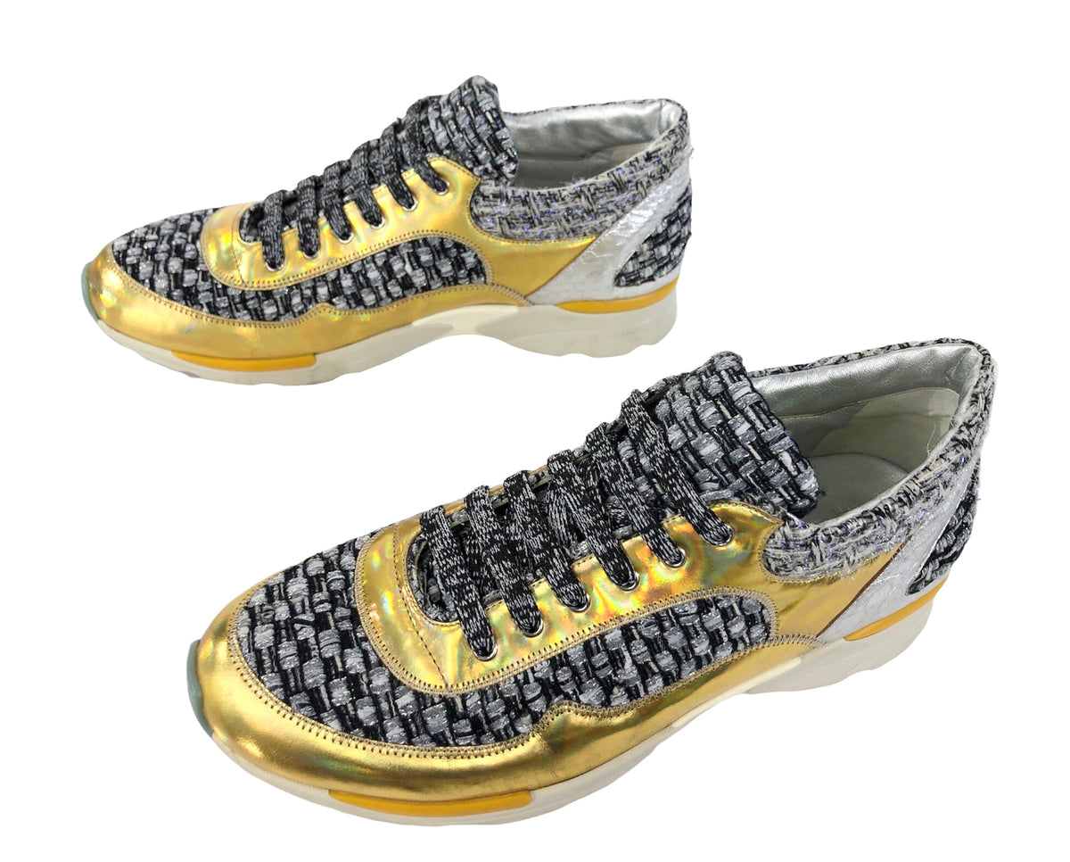 Interlocking Tweed Gold Silver Low Top Sneakers | Size US 8.5 - IT 39.