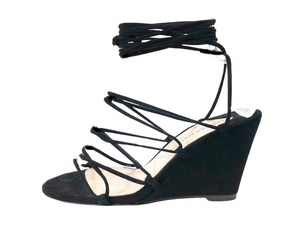 Allegra 80 Black Suede Ankle Strap Wedge Sandals | Size US 7.5 - IT 38