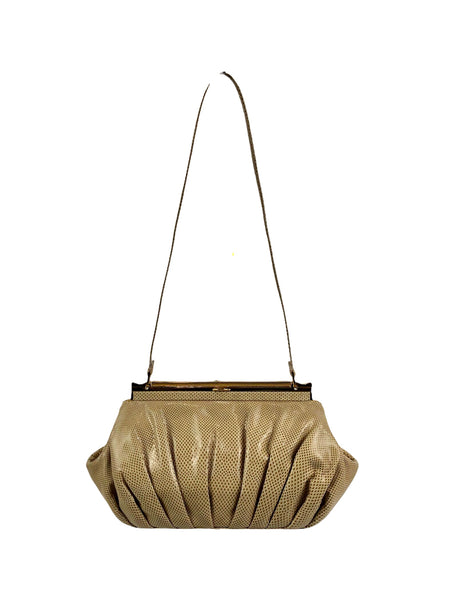 Vintage Beige Karung Skin Framed Structure Convertible Handbag