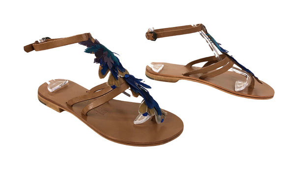 Exotic Feather Embellished Ankle Strap Sandal | Size US 7.5 - IT 38