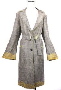 Houndstooth and Chartreuse Floral Embroidered Belted Trench Coat | Size 8