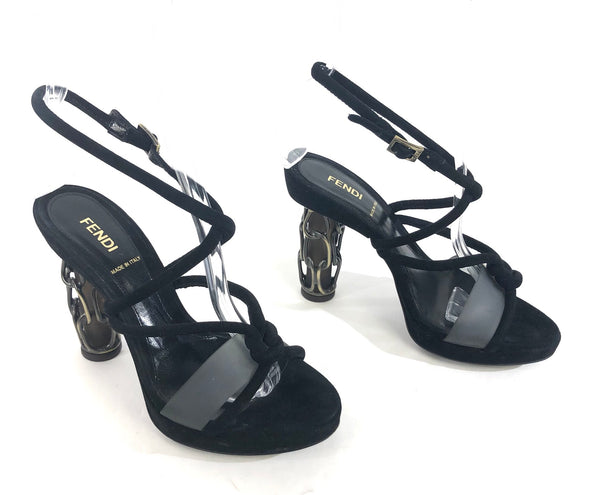 Black Suede with Chain Metal Covered Heel Sandal | Size US 6.5 - EU 36.5