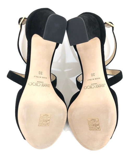 Black Suede Peep Toe Stacked Heel Sandal | Size 8