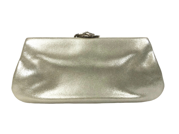 Crystal Embellished Camellia Clasp Metallic Evening Clutch