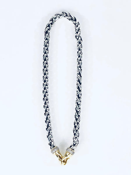 Sterling Silver Wheat Chain with 18K Gold Clasp and Pave Diamonds