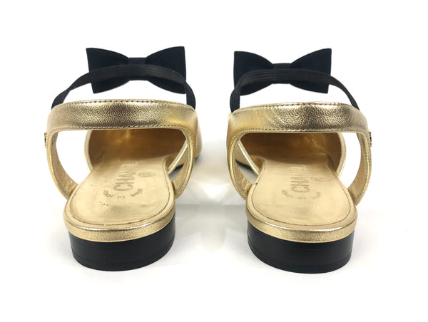 Black and Gold Bow Mary Jane Slingback Flats | Size 37.5