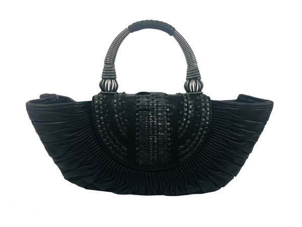 Black Lambskin Plissé Basket Top Handle Mini Bag
