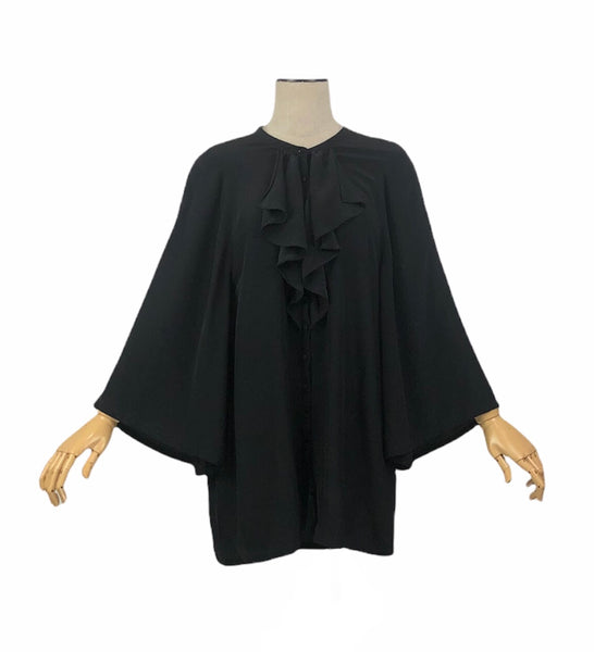 Black Long Sleeve Silk Ruffle Top | Size L