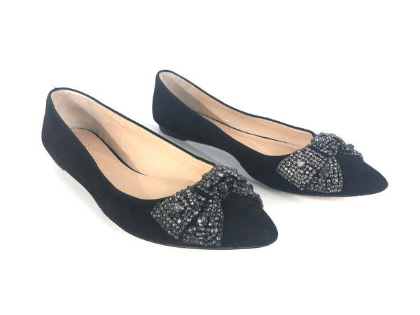 Black "Vanessa" Suede Crystal-Bow Flat | Size 8.5