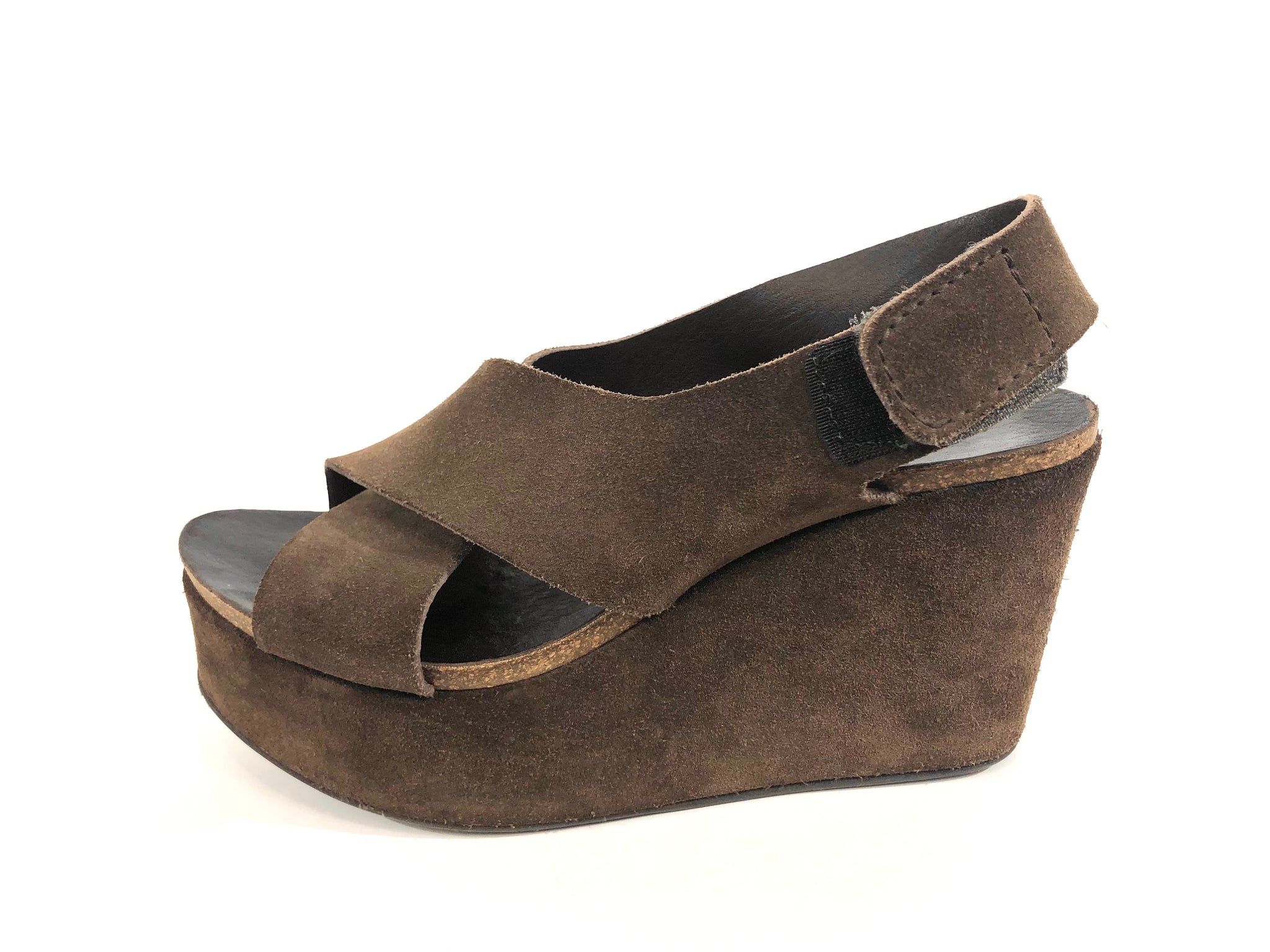Brown "Denia" Suede Crisscross Wedge Sandal | Size 38.5