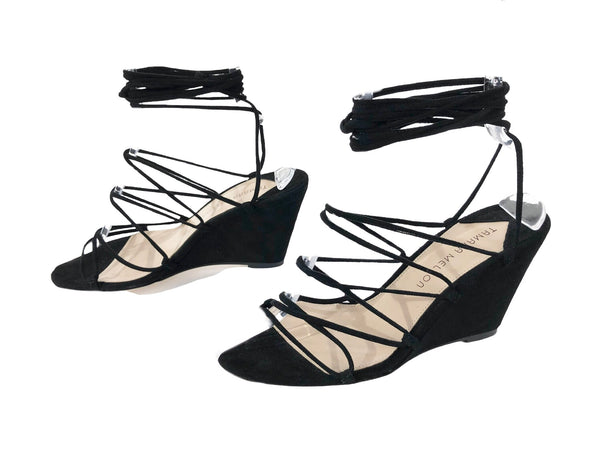 Allegra 80 Black Suede Ankle Strap Wedge Sandals | Size US 7.5 - IT 38