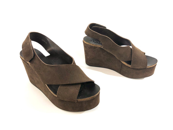 Brown "Denia" Suede Crisscross Wedge Sandal | Size 38.5